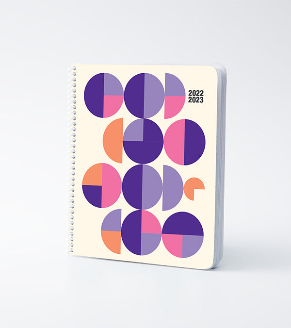 Front of planner with purple circles and half circles.
