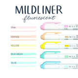 Mildliner Flourescent sample color palette imagery in blue, pink, red, gree and yellow